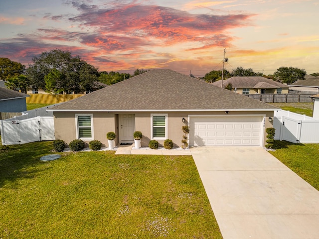 single story home featuring a garage and a yard