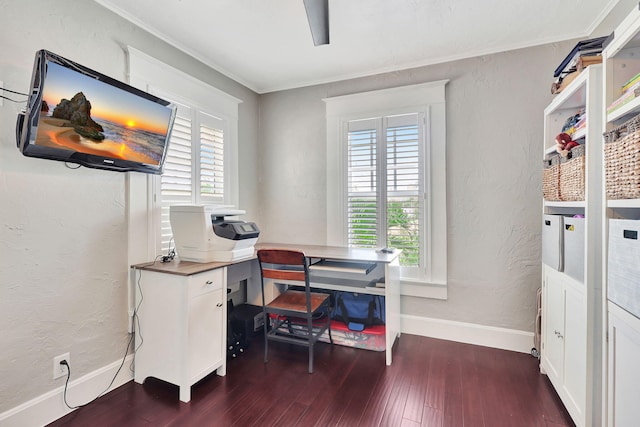 office area with dark hardwood / wood-style floors and ornamental molding