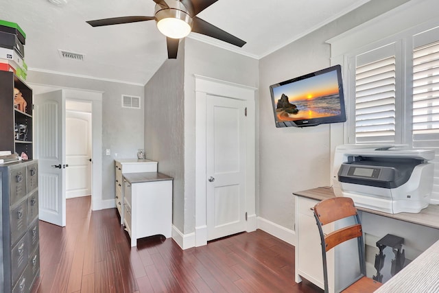 office area with crown molding, ceiling fan, and dark wood-type flooring