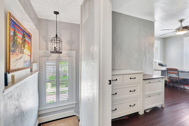 interior space with dark hardwood / wood-style flooring and ceiling fan with notable chandelier