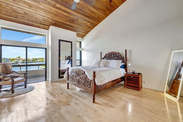 bedroom featuring high vaulted ceiling, access to outside, light hardwood / wood-style floors, a water view, and wooden ceiling