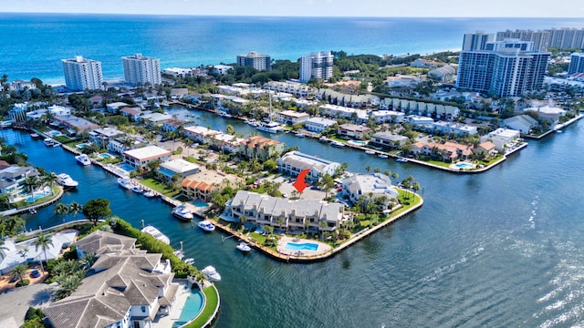 bird's eye view with a water view