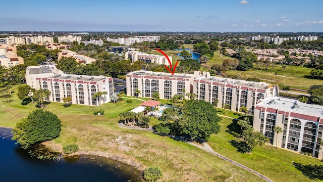 drone / aerial view with a water view