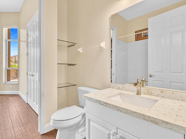 bathroom featuring a shower, vanity, and toilet