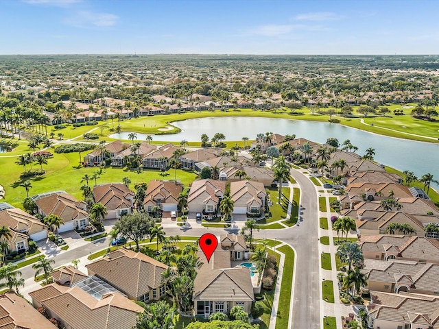 drone / aerial view featuring a water view