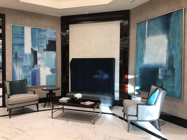 living area featuring a raised ceiling