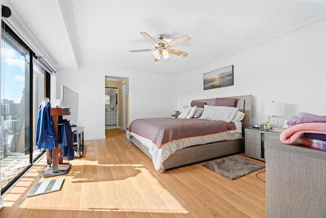 bedroom with hardwood / wood-style flooring, ceiling fan, access to exterior, and ornamental molding