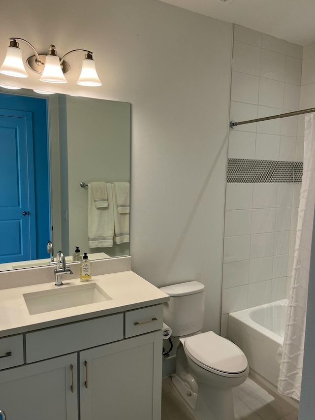 full bathroom featuring toilet, vanity, and shower / bathtub combination with curtain