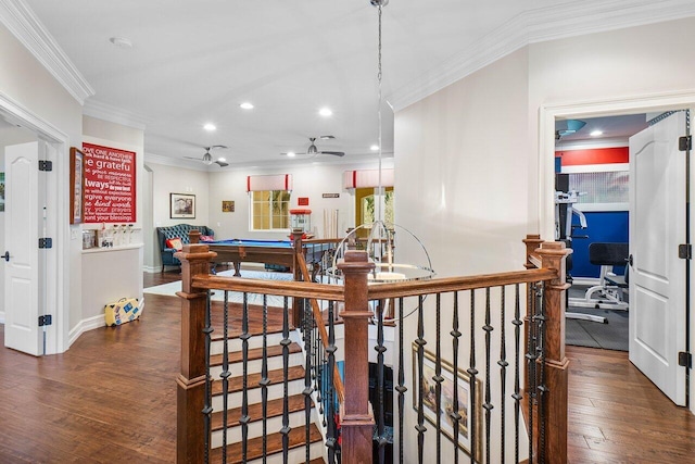 interior space with crown molding and dark wood-type flooring