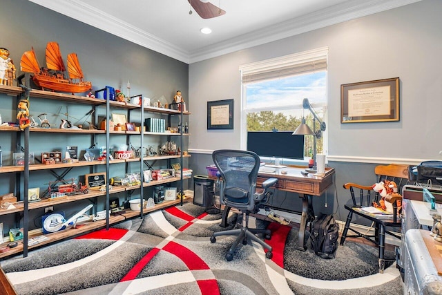 office featuring ceiling fan and ornamental molding