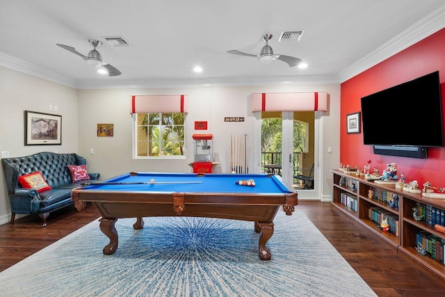 rec room with crown molding, french doors, dark hardwood / wood-style floors, and pool table