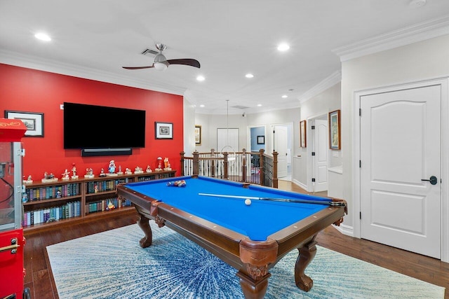 playroom featuring dark hardwood / wood-style floors, ceiling fan, ornamental molding, and pool table