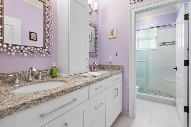 bathroom with tile patterned flooring, vanity, an enclosed shower, and toilet