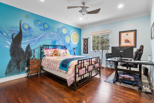 bedroom featuring ceiling fan, crown molding, and wood-type flooring