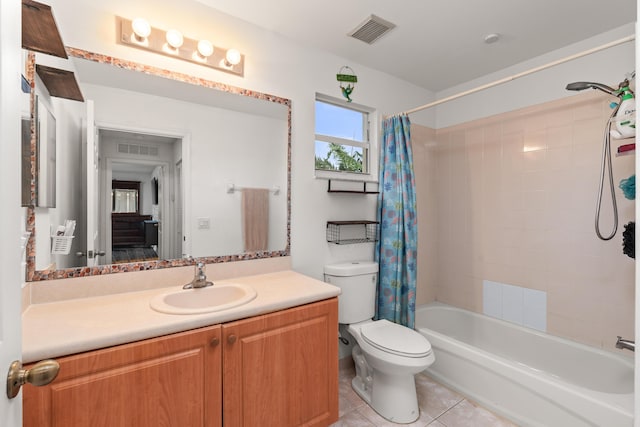 full bathroom with toilet, vanity, shower / tub combo with curtain, and tile patterned flooring