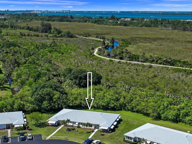 drone / aerial view with a water view