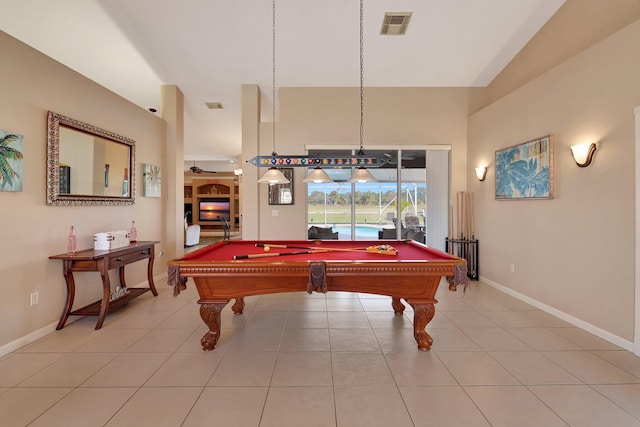 recreation room with ceiling fan, billiards, and tile patterned flooring