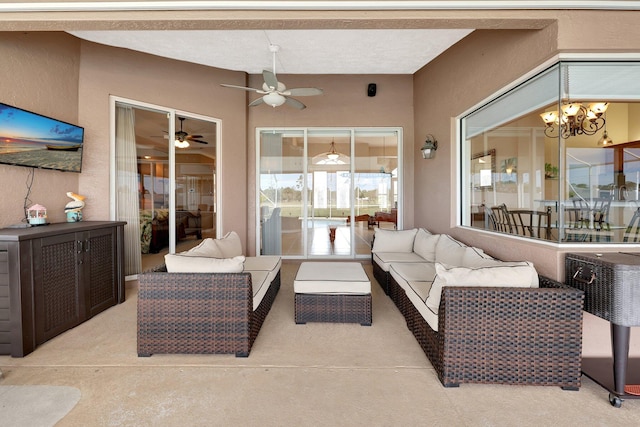 view of patio / terrace featuring ceiling fan and an outdoor hangout area