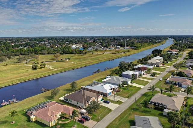 bird's eye view with a water view