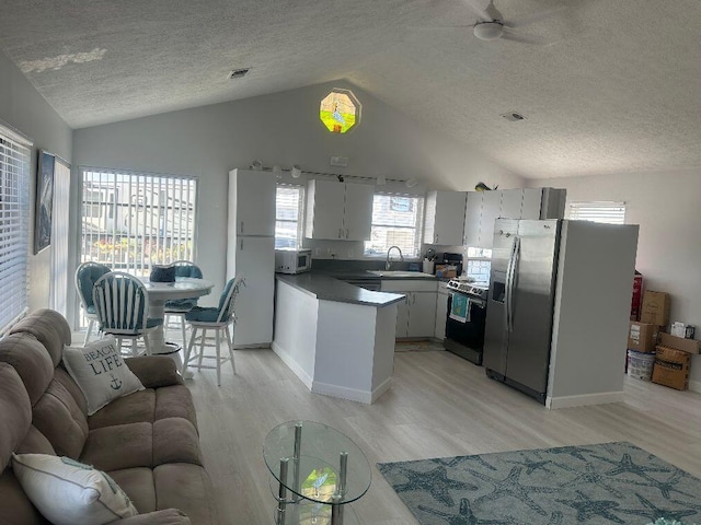 kitchen with sink, stainless steel appliances, light hardwood / wood-style floors, a textured ceiling, and vaulted ceiling