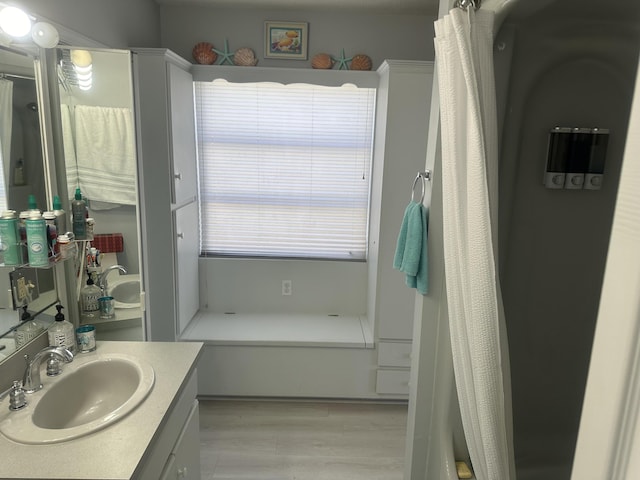 bathroom with vanity and wood-type flooring