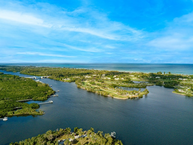 drone / aerial view featuring a water view