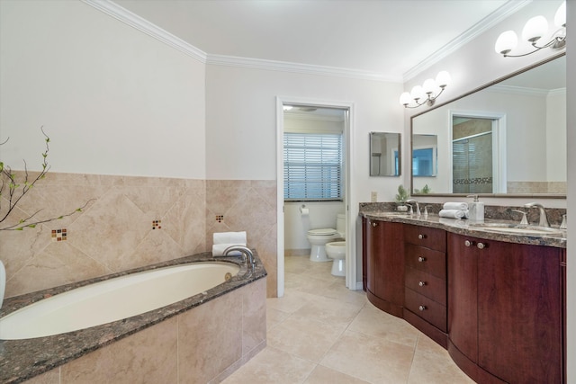 full bathroom with crown molding, tile patterned flooring, a bidet, and toilet