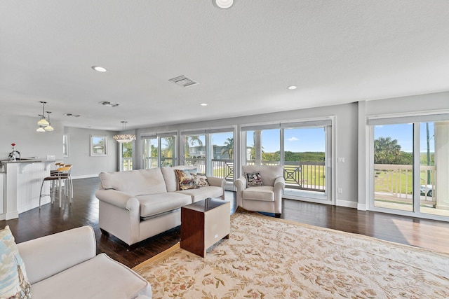 living room with hardwood / wood-style flooring and a textured ceiling