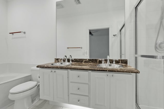 bedroom featuring ceiling fan, access to exterior, crown molding, and ensuite bath