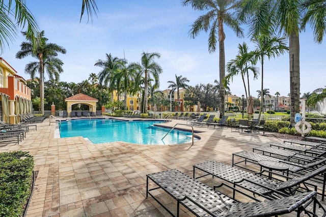 view of pool featuring a gazebo and a patio area