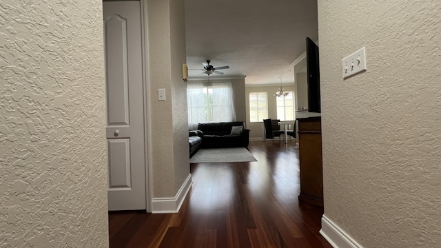 hallway with dark hardwood / wood-style flooring and ornamental molding