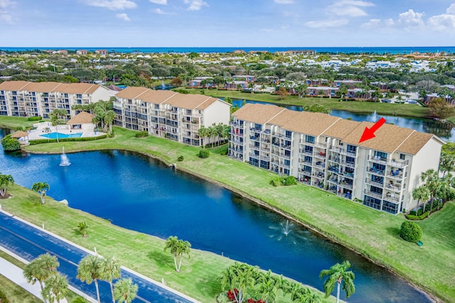 aerial view featuring a water view