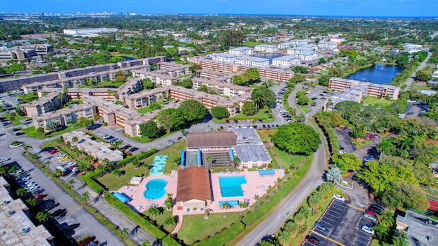 bird's eye view with a water view