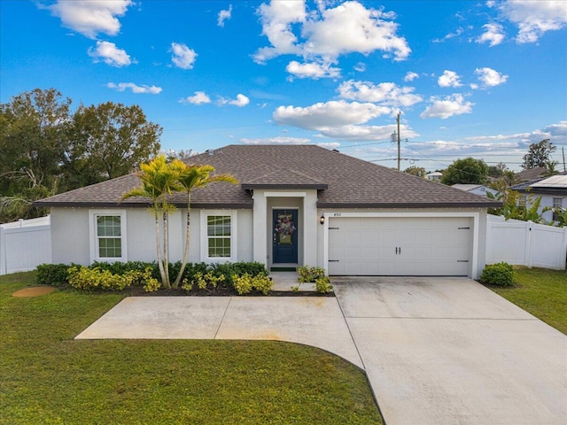 ranch-style home with a front yard and a garage