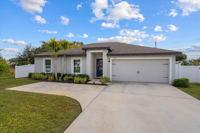 view of front of home with a front lawn and a garage