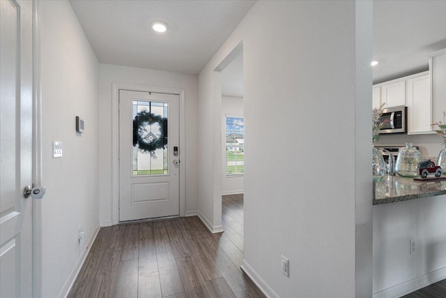 foyer with dark hardwood / wood-style floors