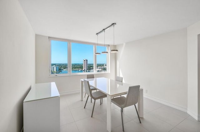 tiled dining space featuring rail lighting