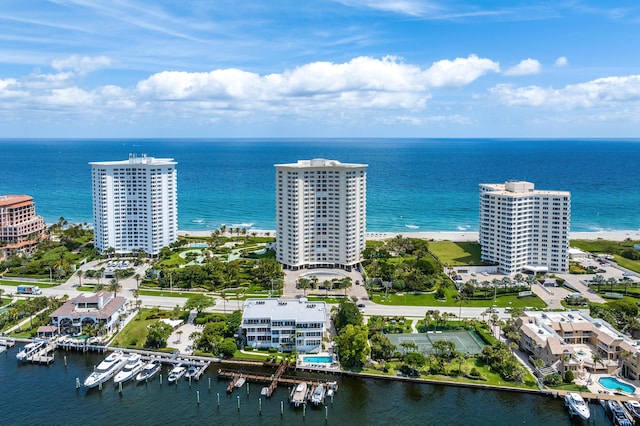 birds eye view of property featuring a water view