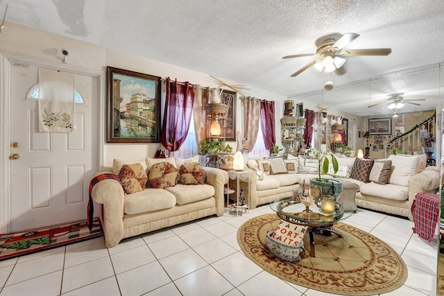 tiled living room with a textured ceiling