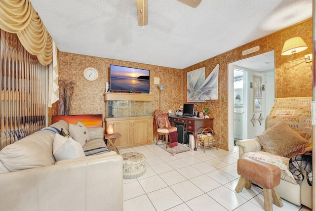 tiled living room with a textured ceiling