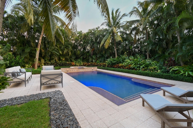 view of swimming pool featuring an in ground hot tub, outdoor lounge area, and a patio