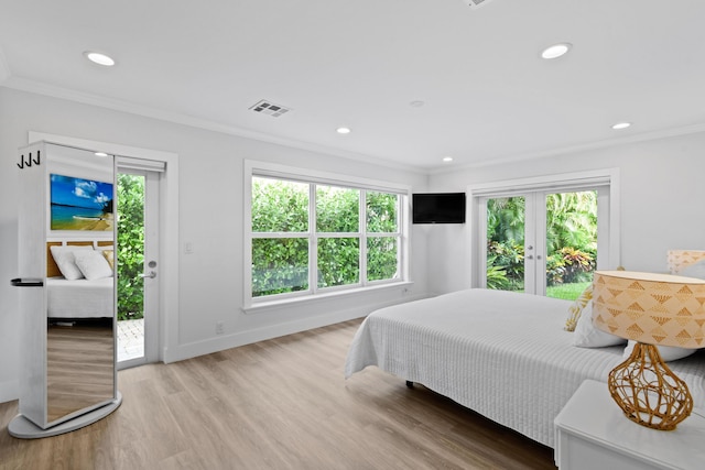 bedroom featuring access to exterior, ornamental molding, and multiple windows