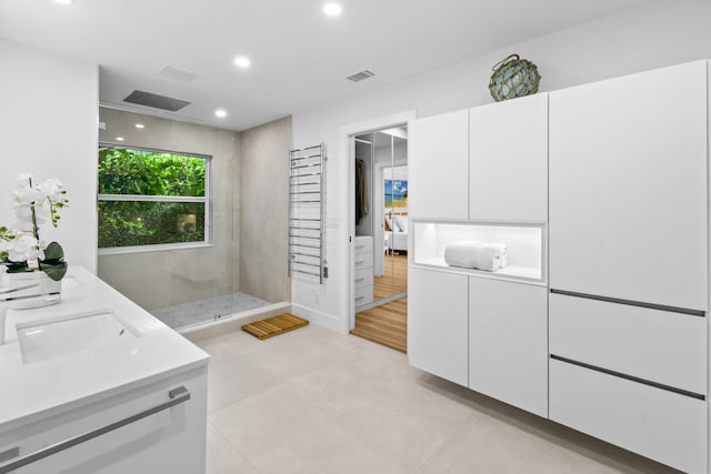 bathroom featuring a shower and vanity