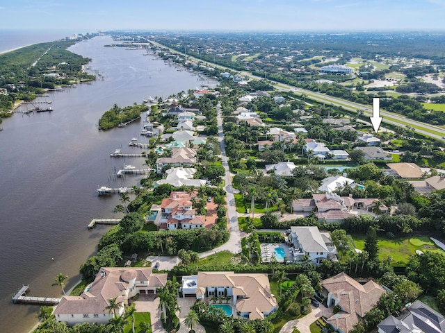 drone / aerial view featuring a water view