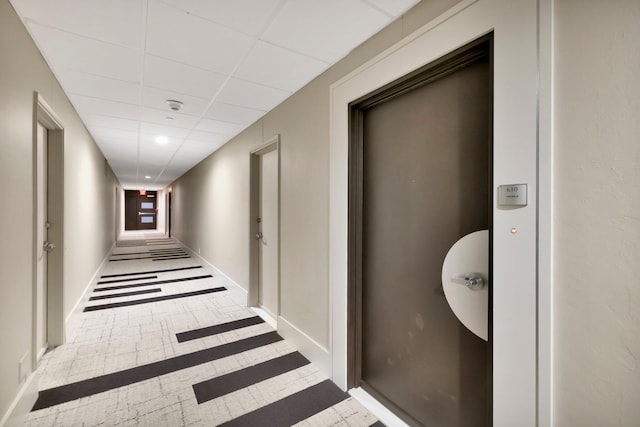 hallway with a paneled ceiling