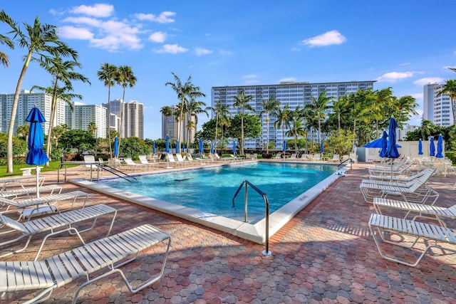 view of swimming pool featuring a patio area