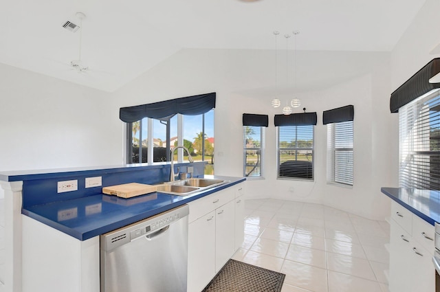 kitchen featuring stainless steel dishwasher, ceiling fan, sink, a center island with sink, and white cabinetry