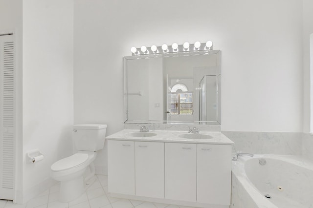 full bathroom featuring toilet, vanity, tile patterned floors, and plus walk in shower