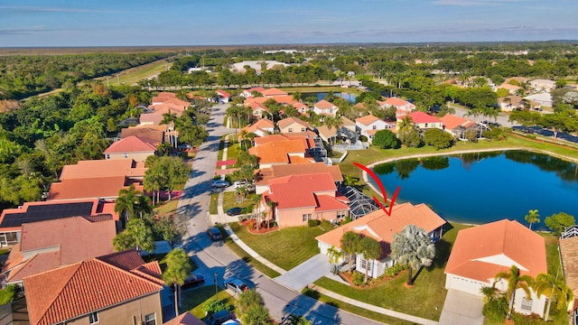 bird's eye view with a water view