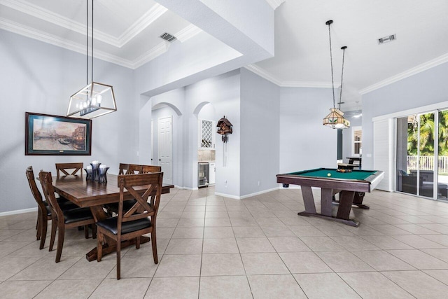 playroom with crown molding, light tile patterned flooring, beverage cooler, and pool table